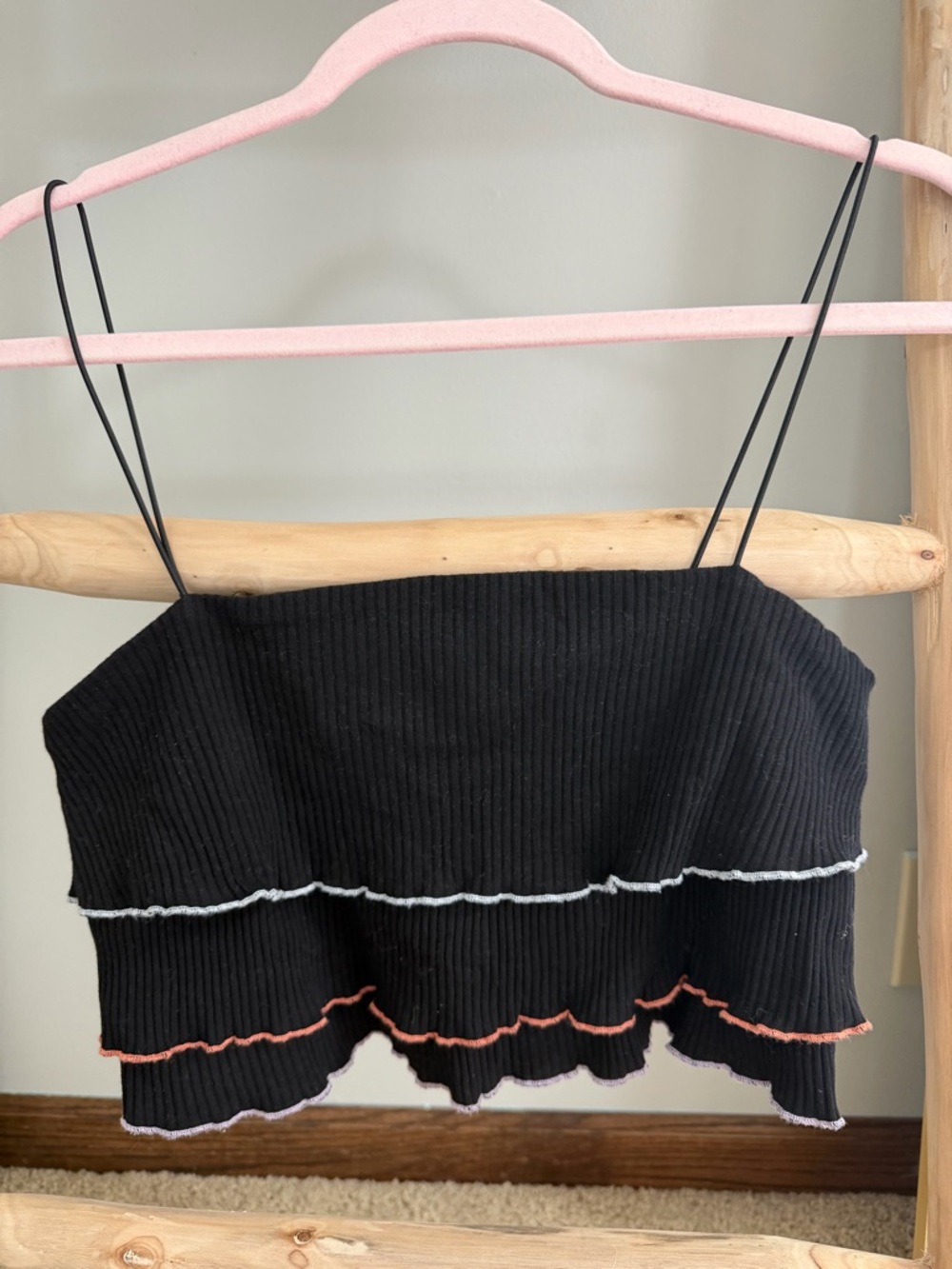 Blue Blush Black Ribbed Lettuce-Hem Cropped Cami